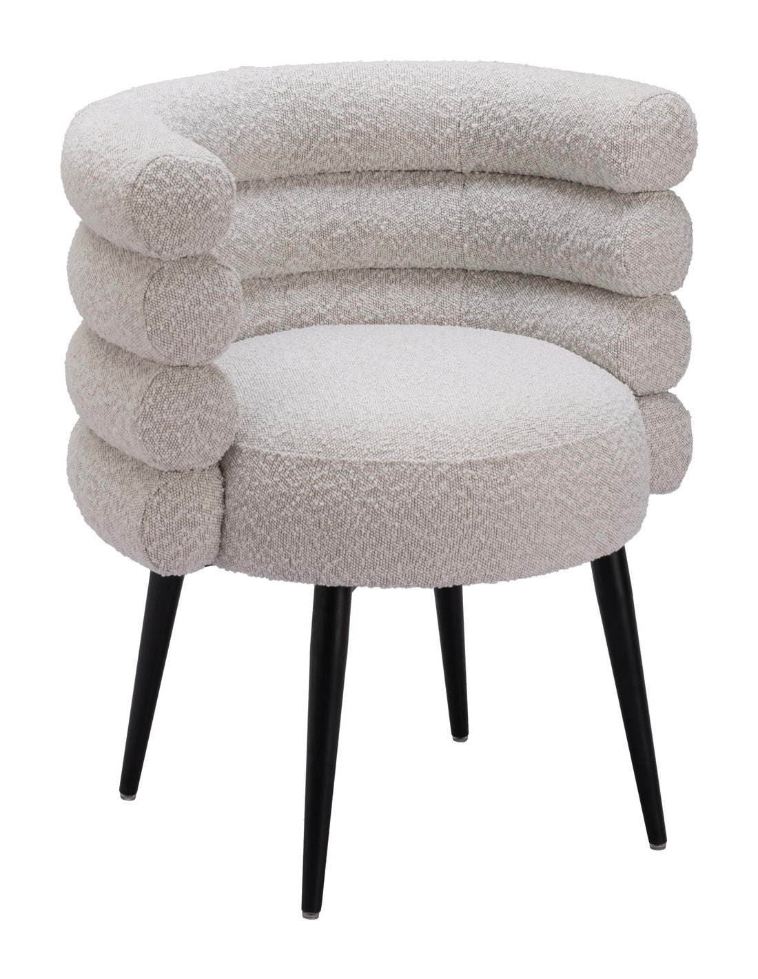 neutral linen accent chair styled in a coastal elegant dining room