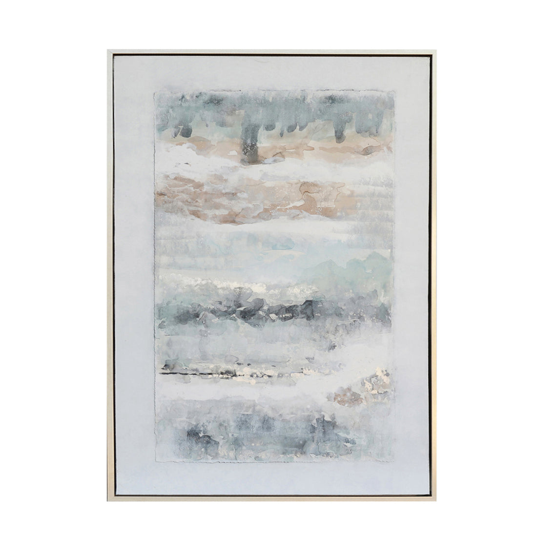 Blue and white and brown contemporary canvas artwork displayed in a cozy home office setting