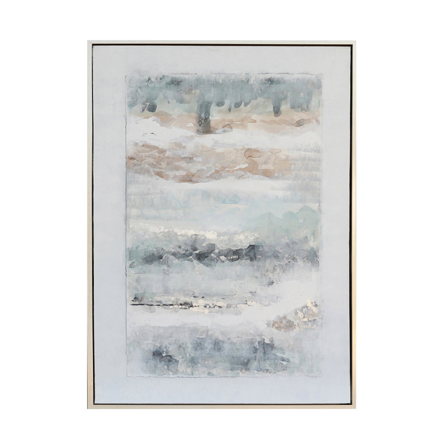 Blue and white and brown contemporary canvas artwork displayed in a cozy home office setting