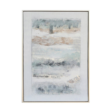 Blue and white and brown contemporary canvas artwork displayed in a cozy home office setting