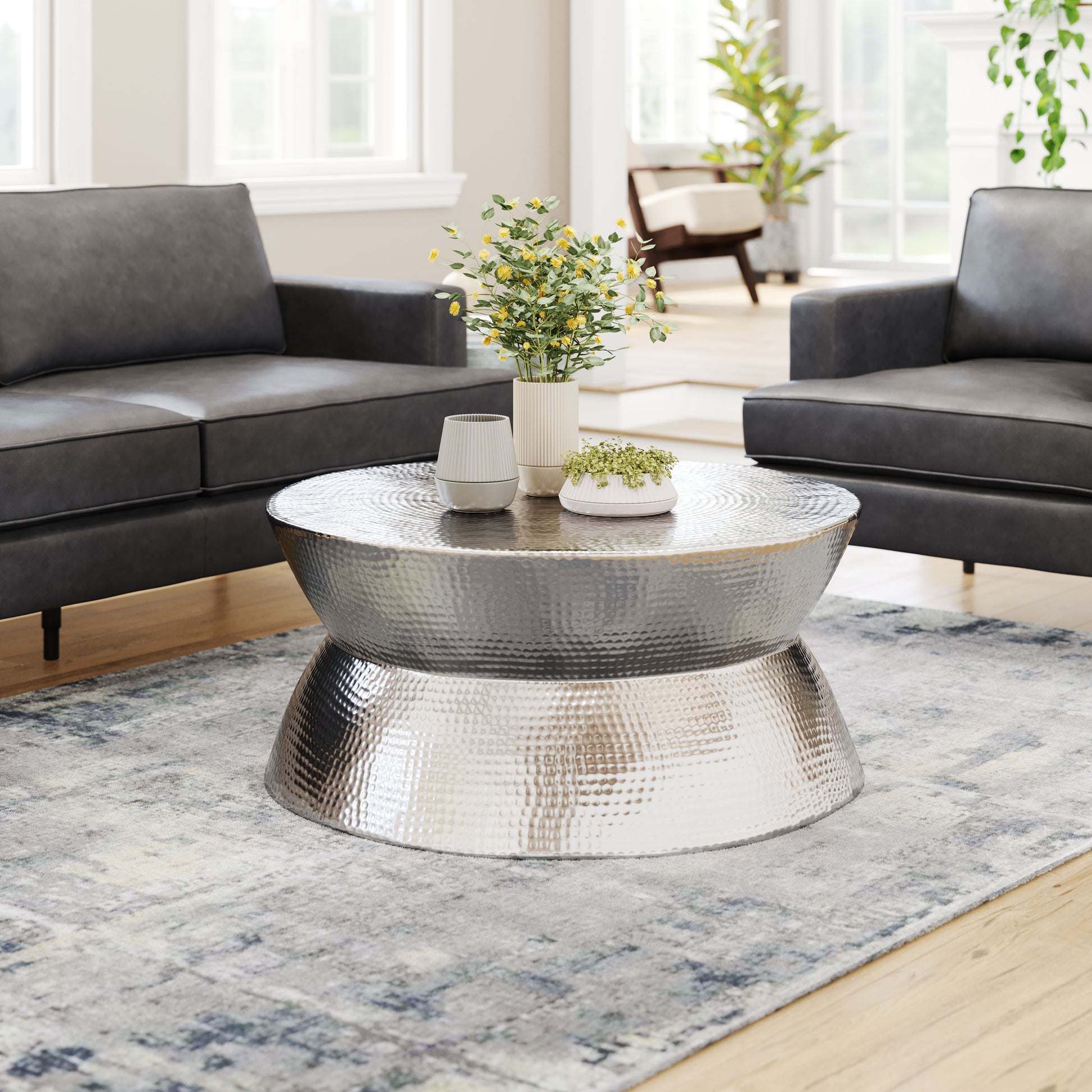 earth-toned fabric accent table in a transitional living room setting