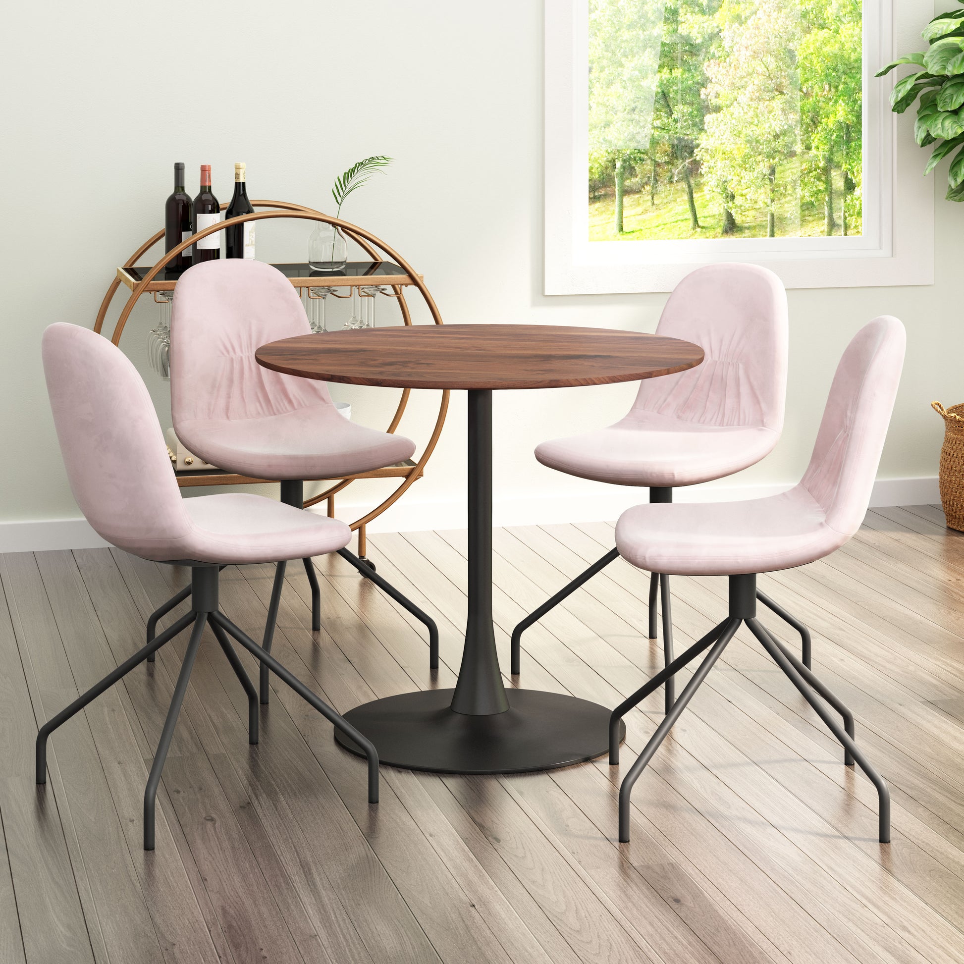 beige plush accent table in a minimalist dining room setting