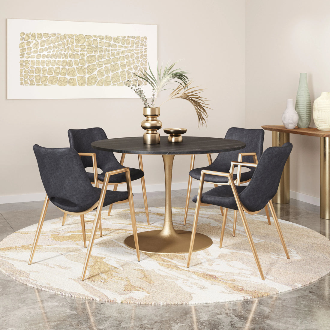 Dining room with a round table and chairs on a patterned rug, featuring decorative elements.