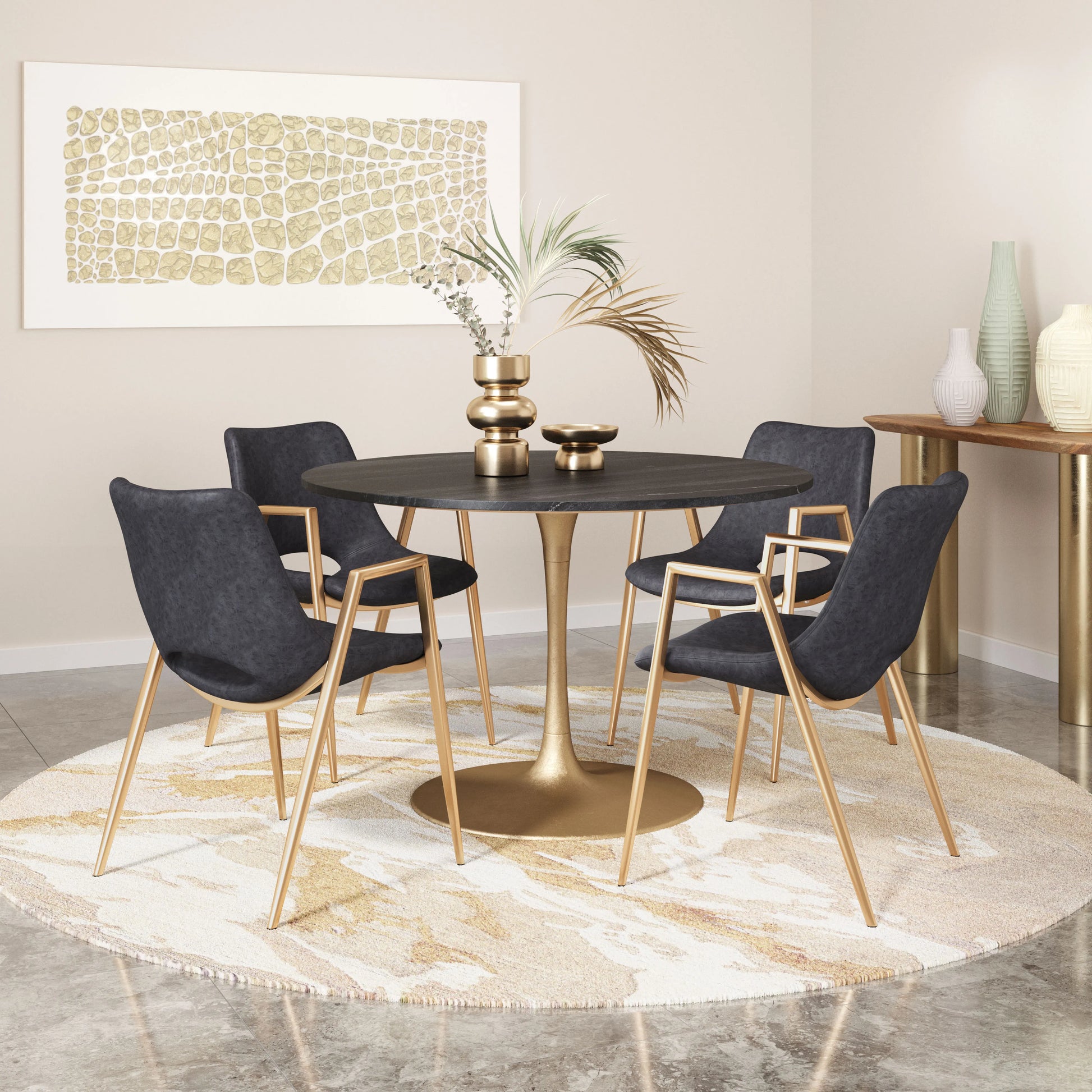 Dining room with a round table and chairs on a patterned rug, featuring decorative elements.