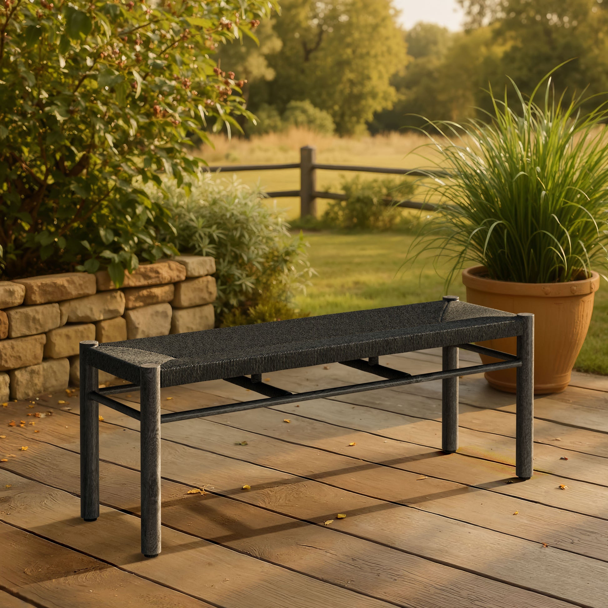 earth-toned fabric accent bench in a minimalist dining room setting