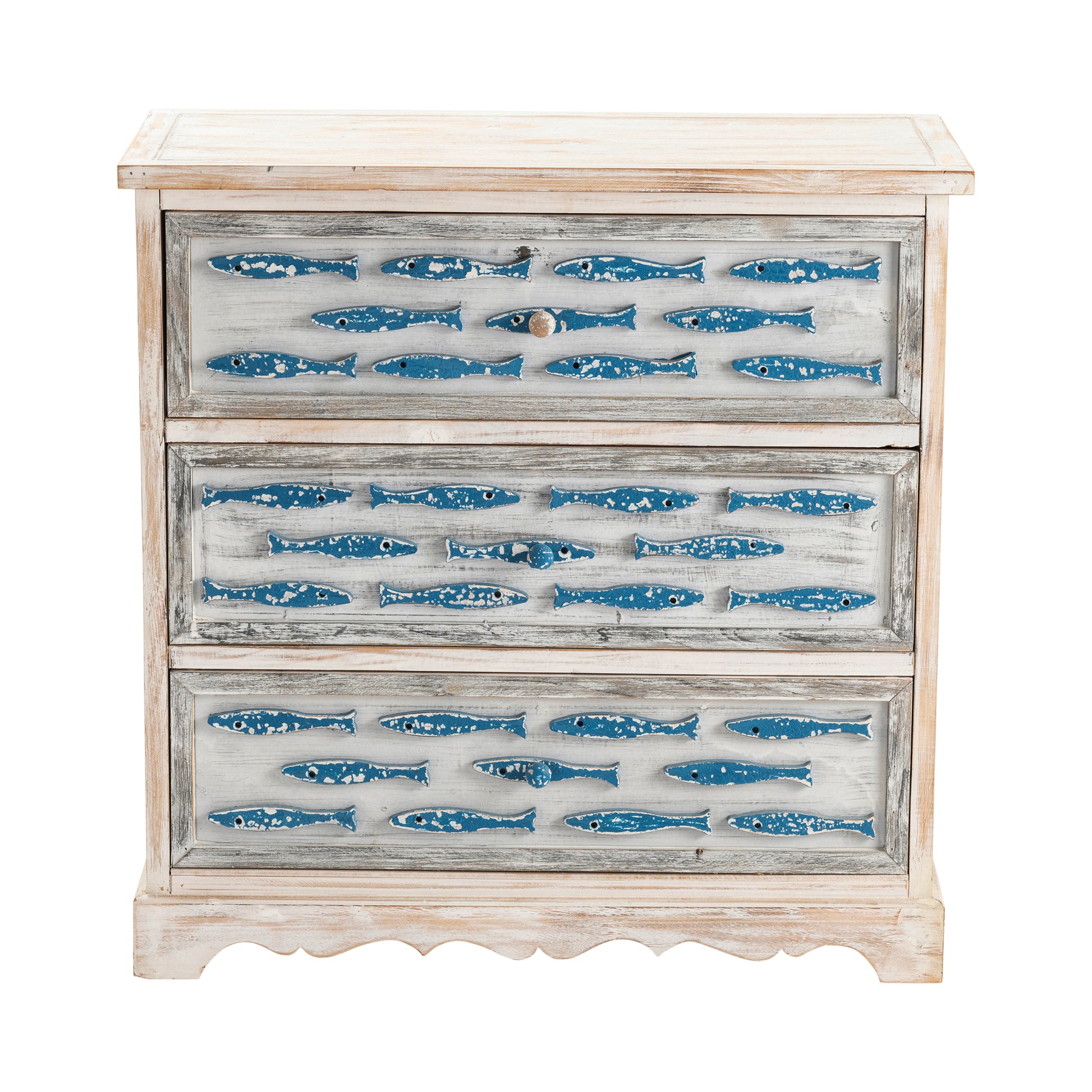 white brushed home décor piece in a coastal guest room setting