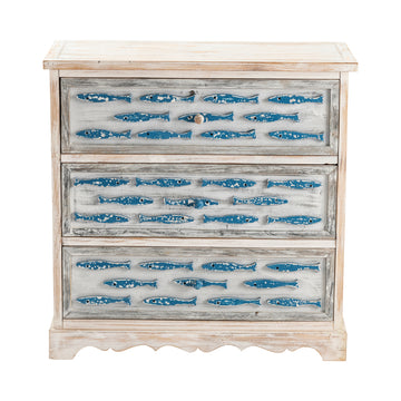 white brushed home décor piece in a coastal guest room setting