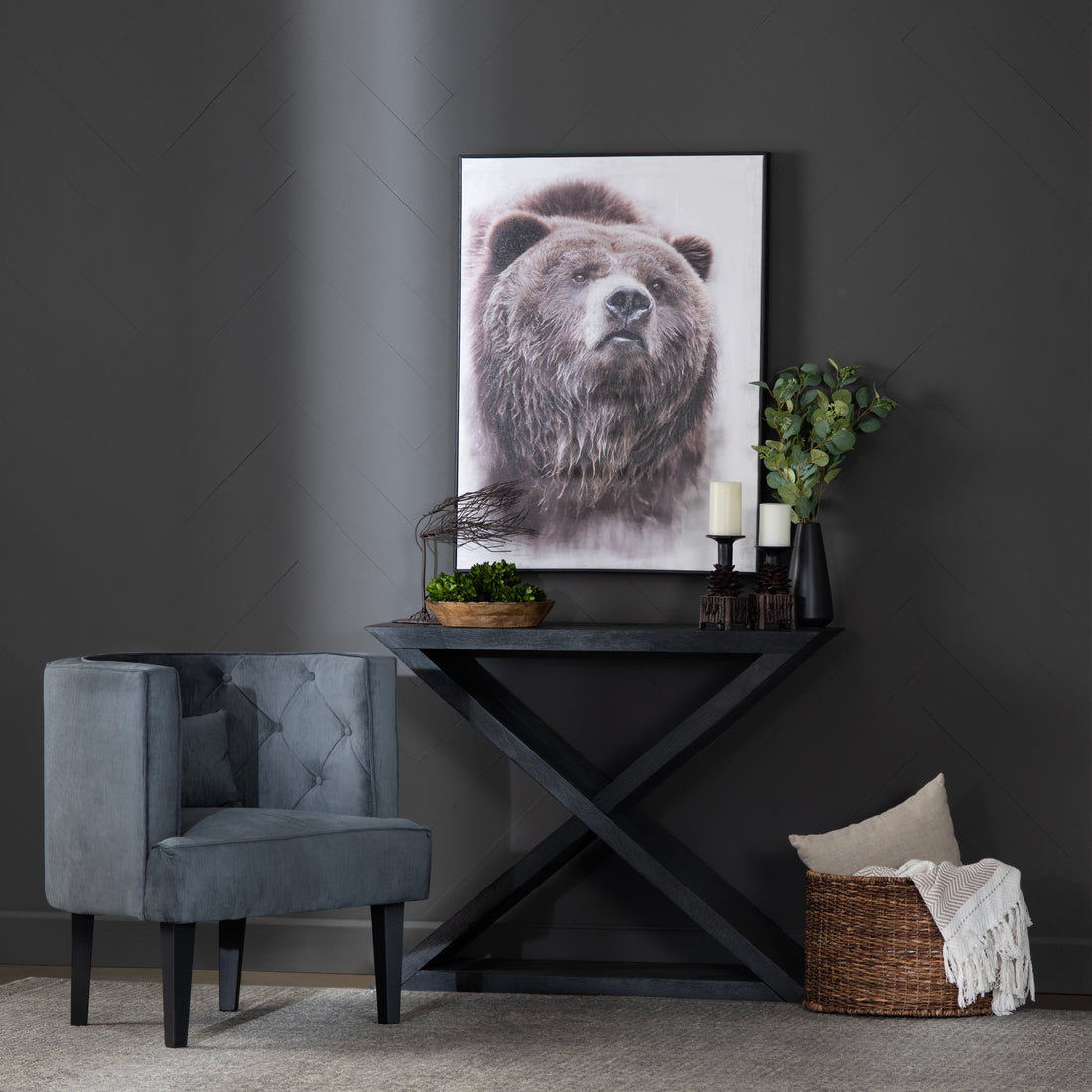 neutral-toned linen accent table in a minimalist dining room setting