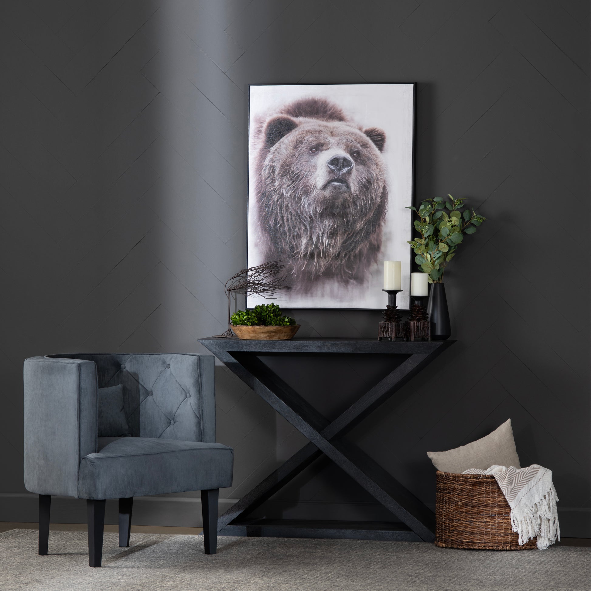 neutral-toned linen accent table in a minimalist dining room setting