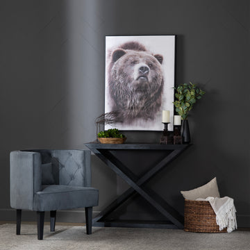 neutral-toned linen accent table in a minimalist dining room setting