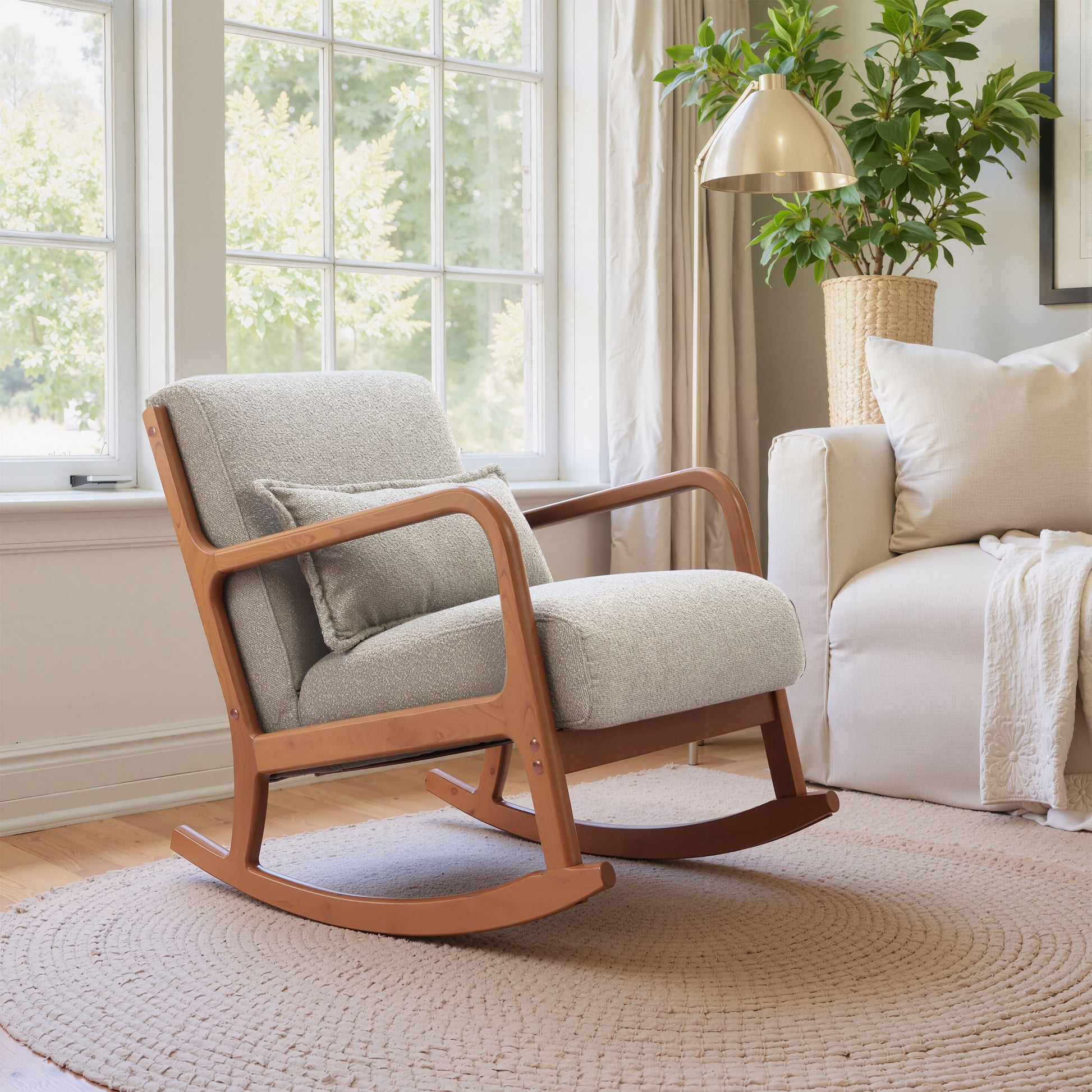 white brushed accent chair in a coastal guest room setting