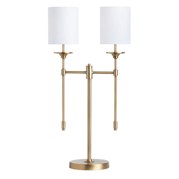 gray canvas table lamp in a refined master bedroom setting