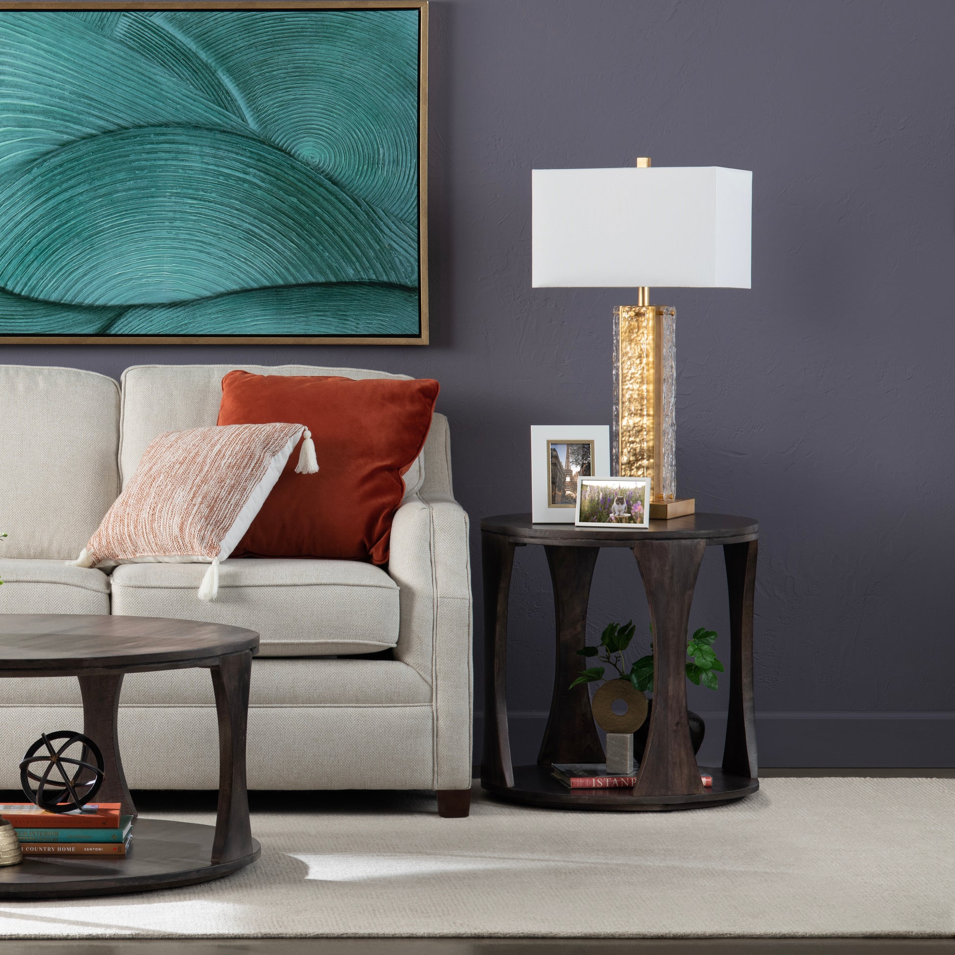 gray canvas accent table in a transitional living room setting