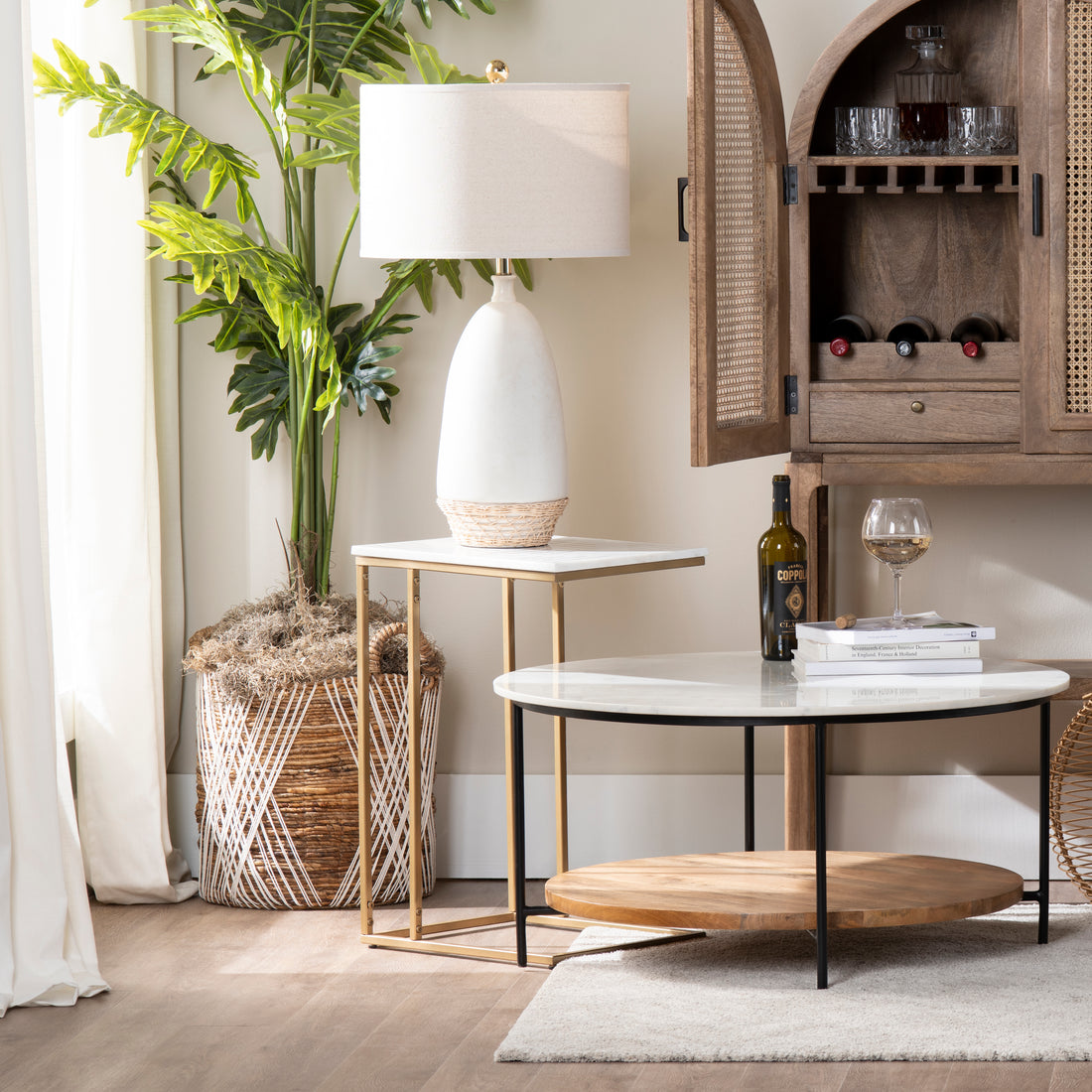 ivory cotton accent table in a classic entryway setting