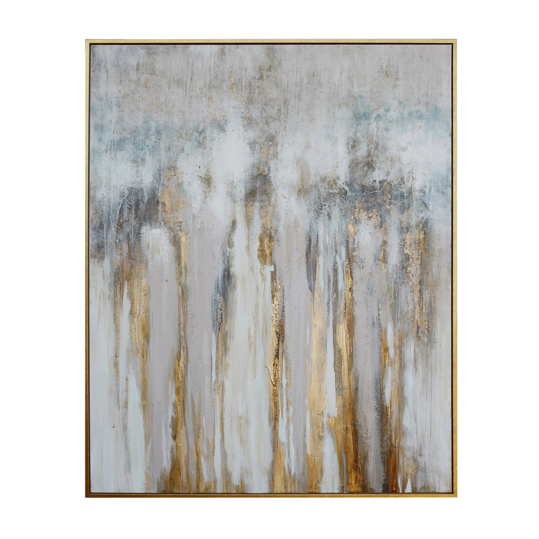 Gold and brown and blue contemporary canvas artwork displayed in a warm family room setting