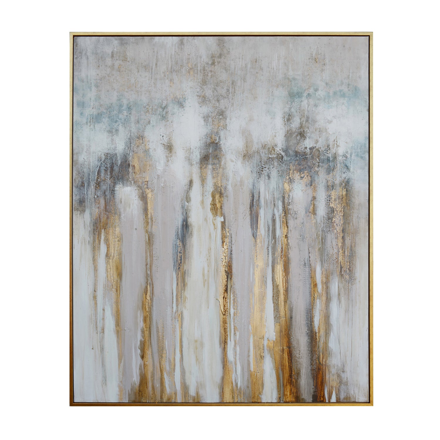 Gold and brown and blue contemporary canvas artwork displayed in a warm family room setting