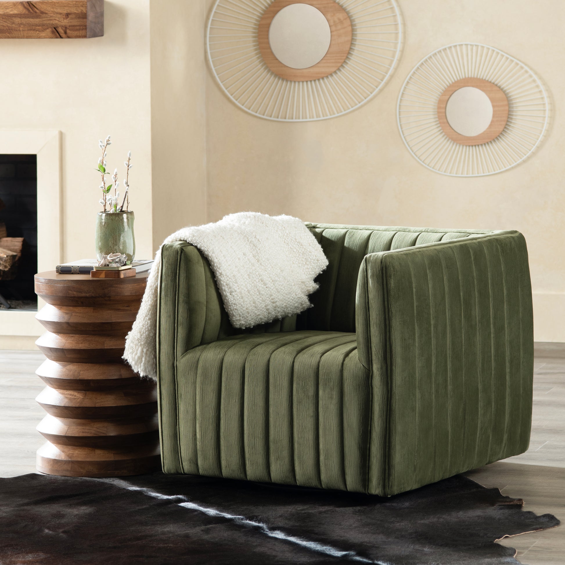 warm-toned soft accent table in a minimalist dining room setting