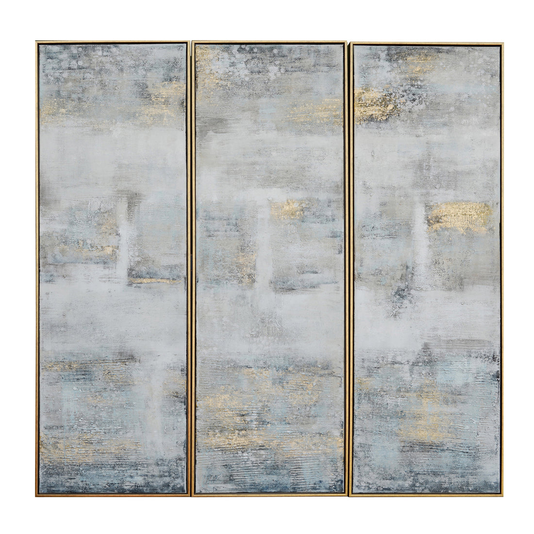 Grey and black and gold contemporary canvas artwork displayed in a elegant dining room setting