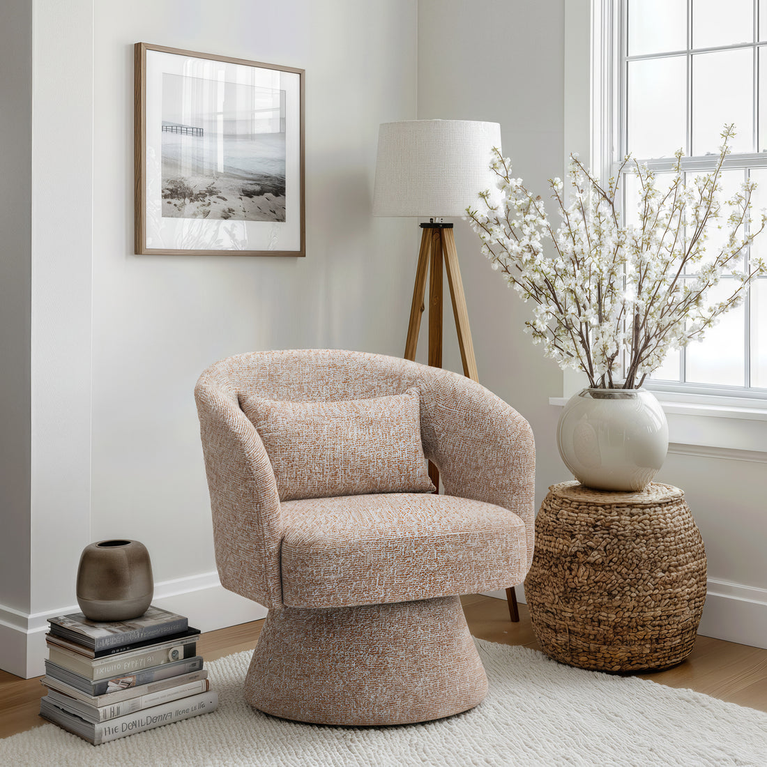 earth-toned fabric accent chair in a minimalist dining room setting