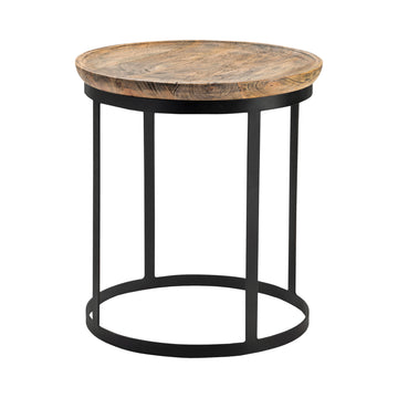 earth-toned fabric accent table in a transitional living room setting