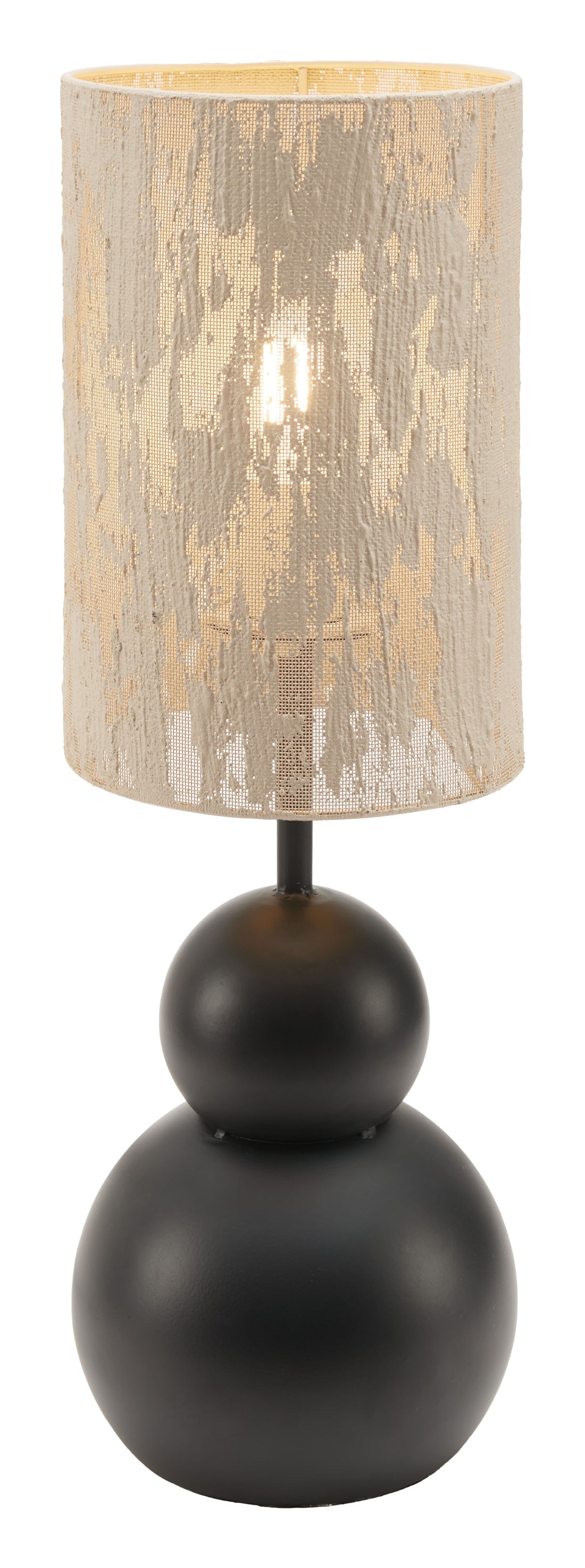 cream brushed metal lamp styled in a mid-century minimalist entryway
