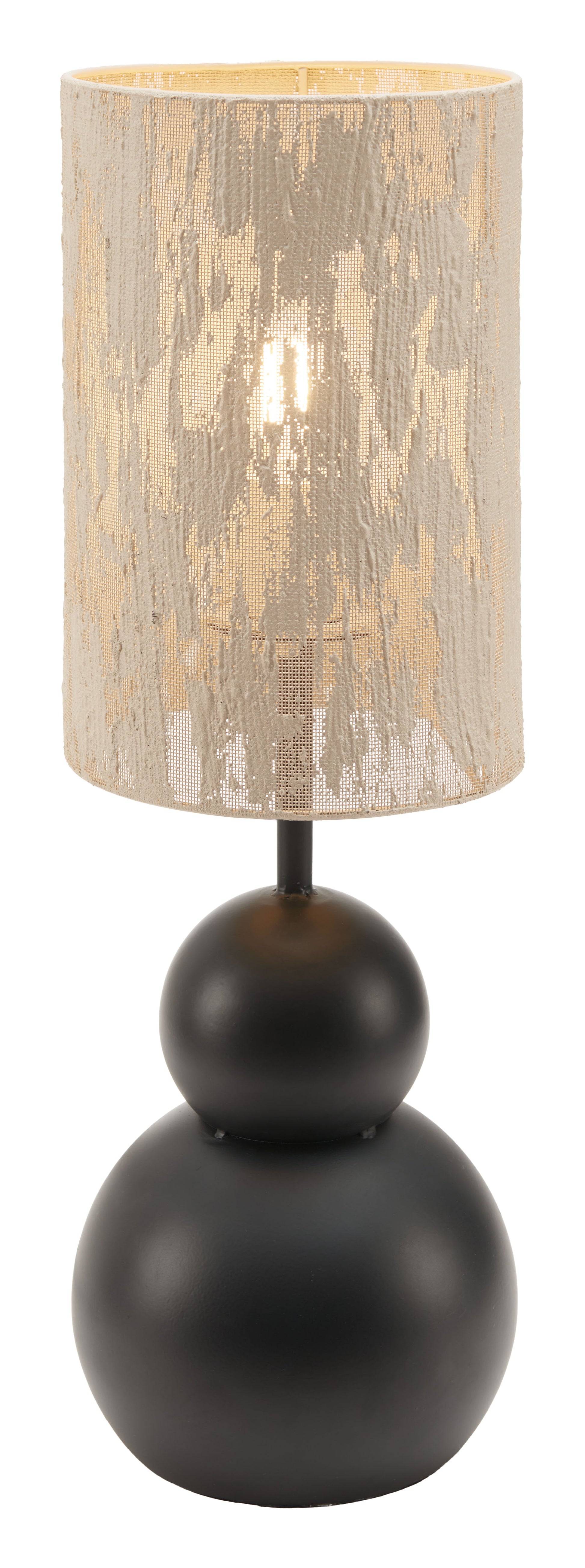 cream brushed metal lamp styled in a mid-century minimalist entryway