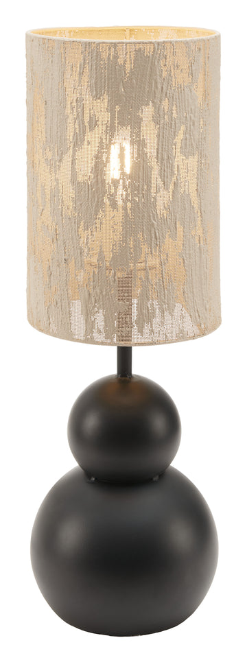 cream brushed metal lamp styled in a mid-century minimalist entryway