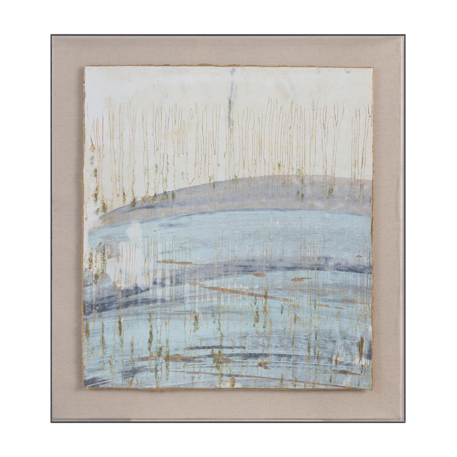 Blue and beige and gold contemporary canvas artwork displayed in a transitional living space