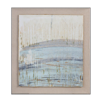 Blue and beige and gold contemporary canvas artwork displayed in a transitional living space