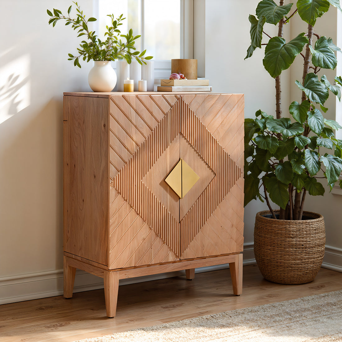 Hira Cabinet Natural styled for a minimalist living room space.