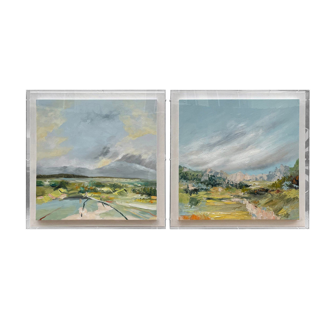 2 Piece Framed Hand Painted Canvas Blue/Green Landscapes Wall Art styled for a transitional living room space.