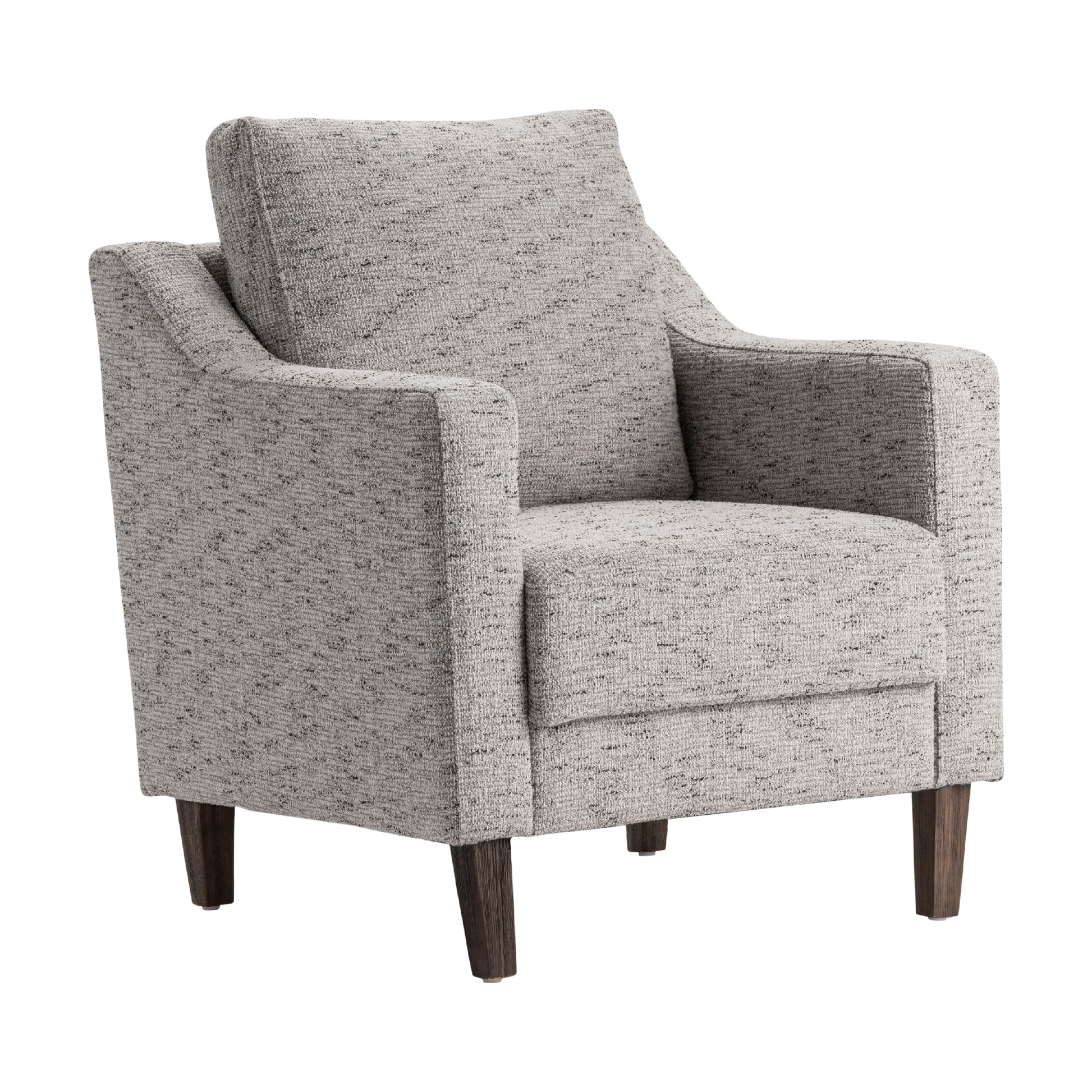 earth-toned fabric accent chair in a coastal guest room setting