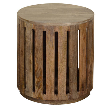 ivory cotton accent table in a transitional living room setting