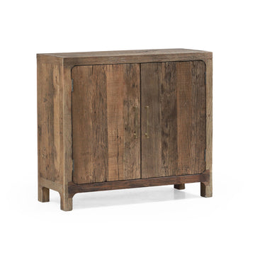 gray canvas storage cabinet in a farmhouse contemporary bedroom setting
