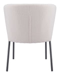 Beige upholstered chair with black legs on a white background