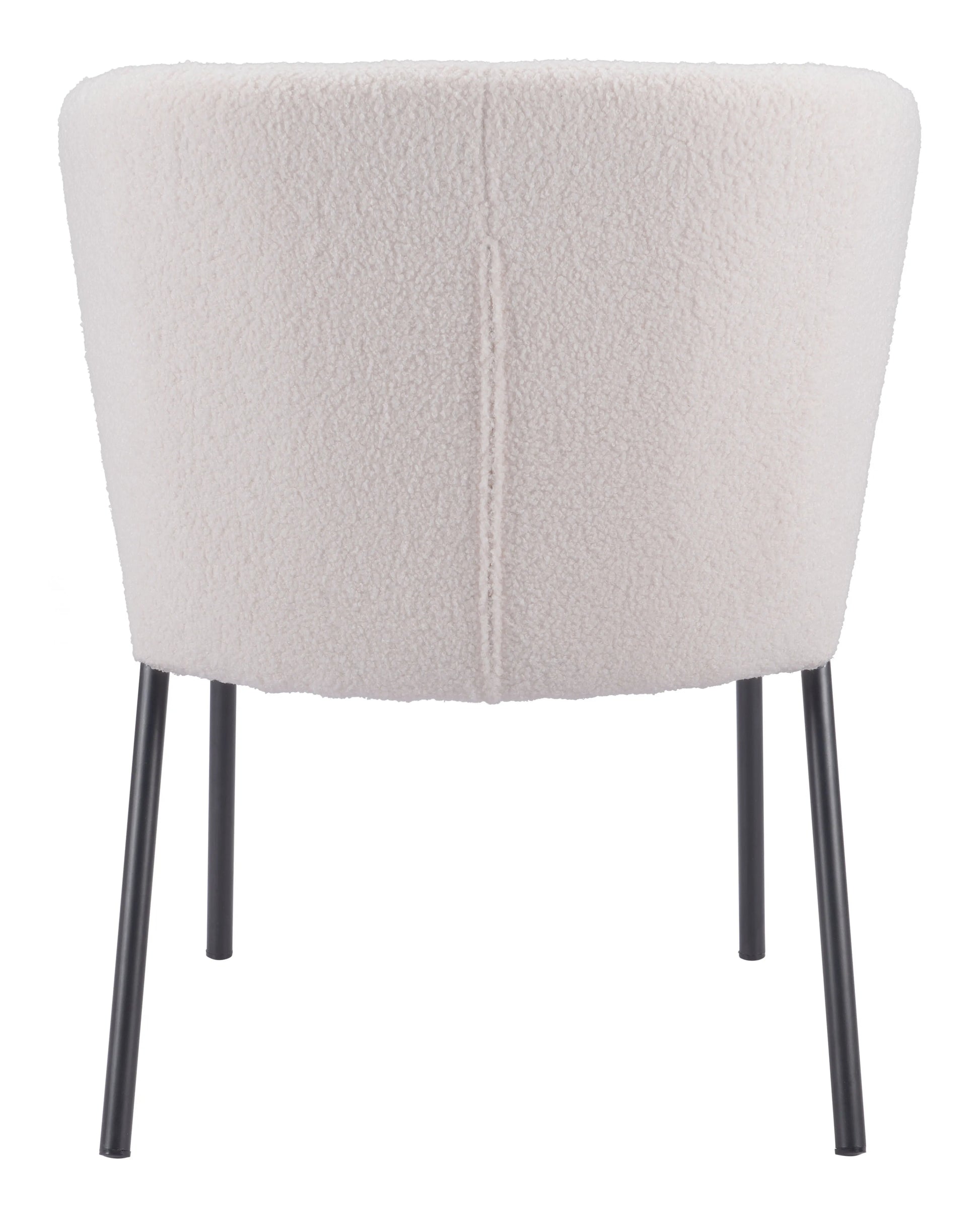 Beige upholstered chair with black legs on a white background