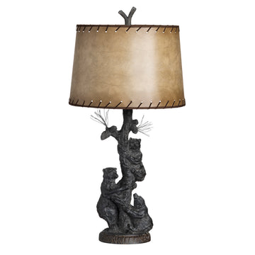 gray canvas table lamp in a coastal guest room setting