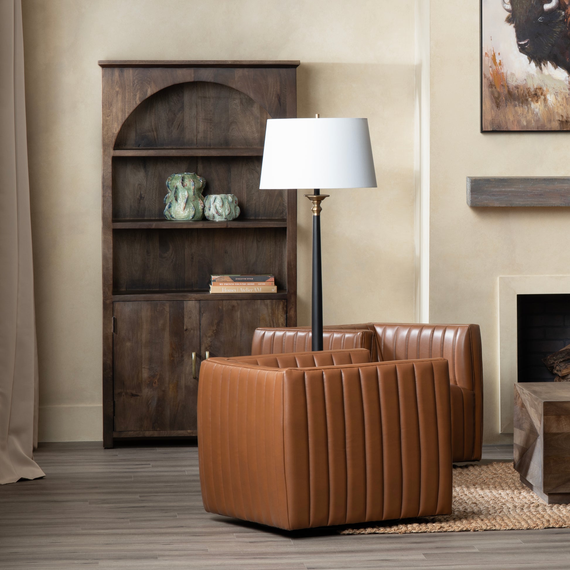 cream woven storage cabinet in a elegant modern bedroom setting