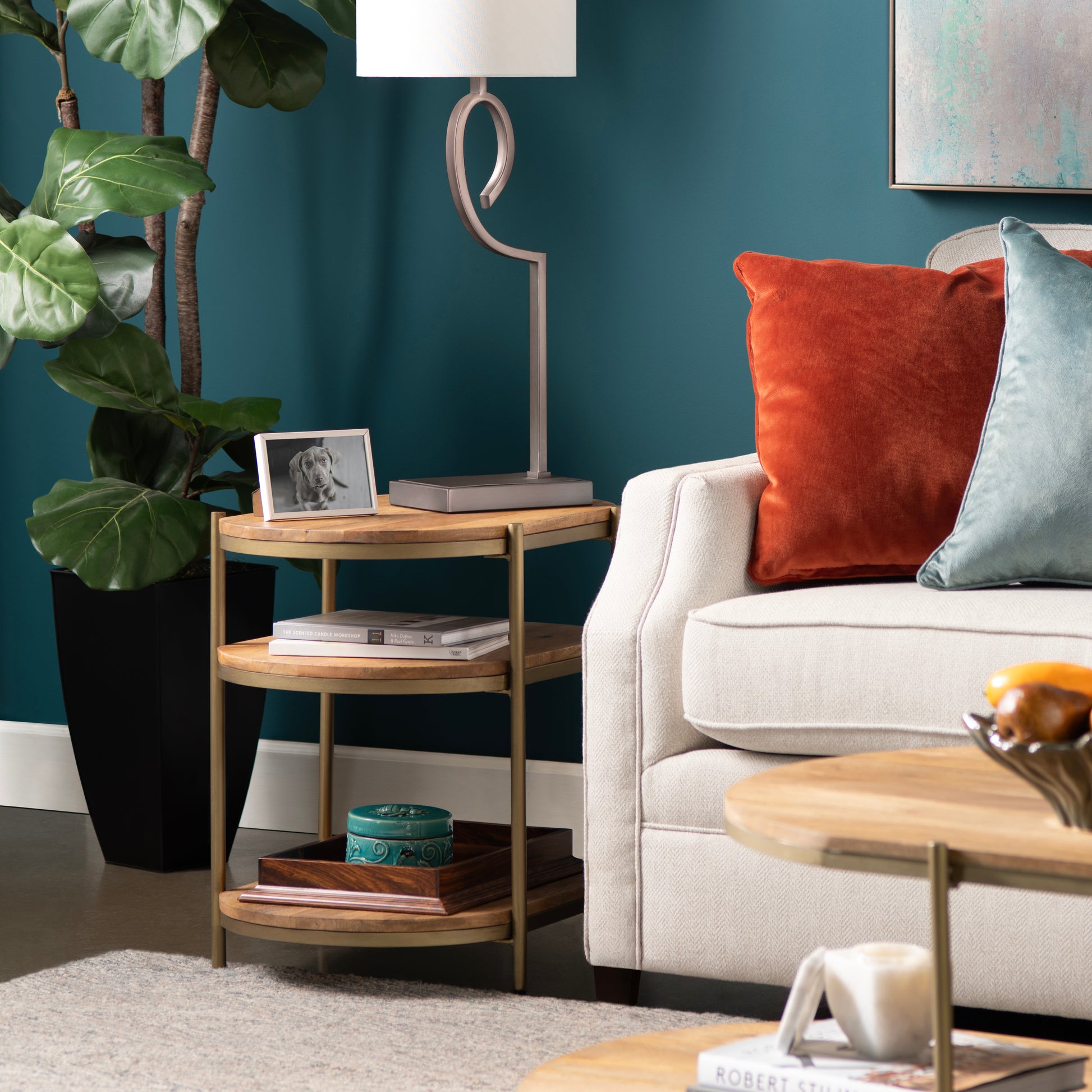 natural velvet accent table in a modern bedroom setting