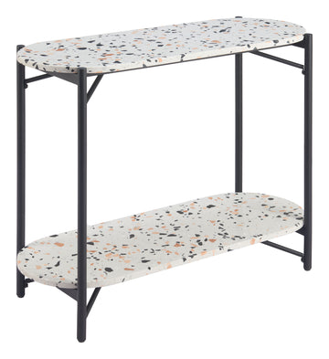 earth-toned marble console table styled in a Scandinavian serene master suite