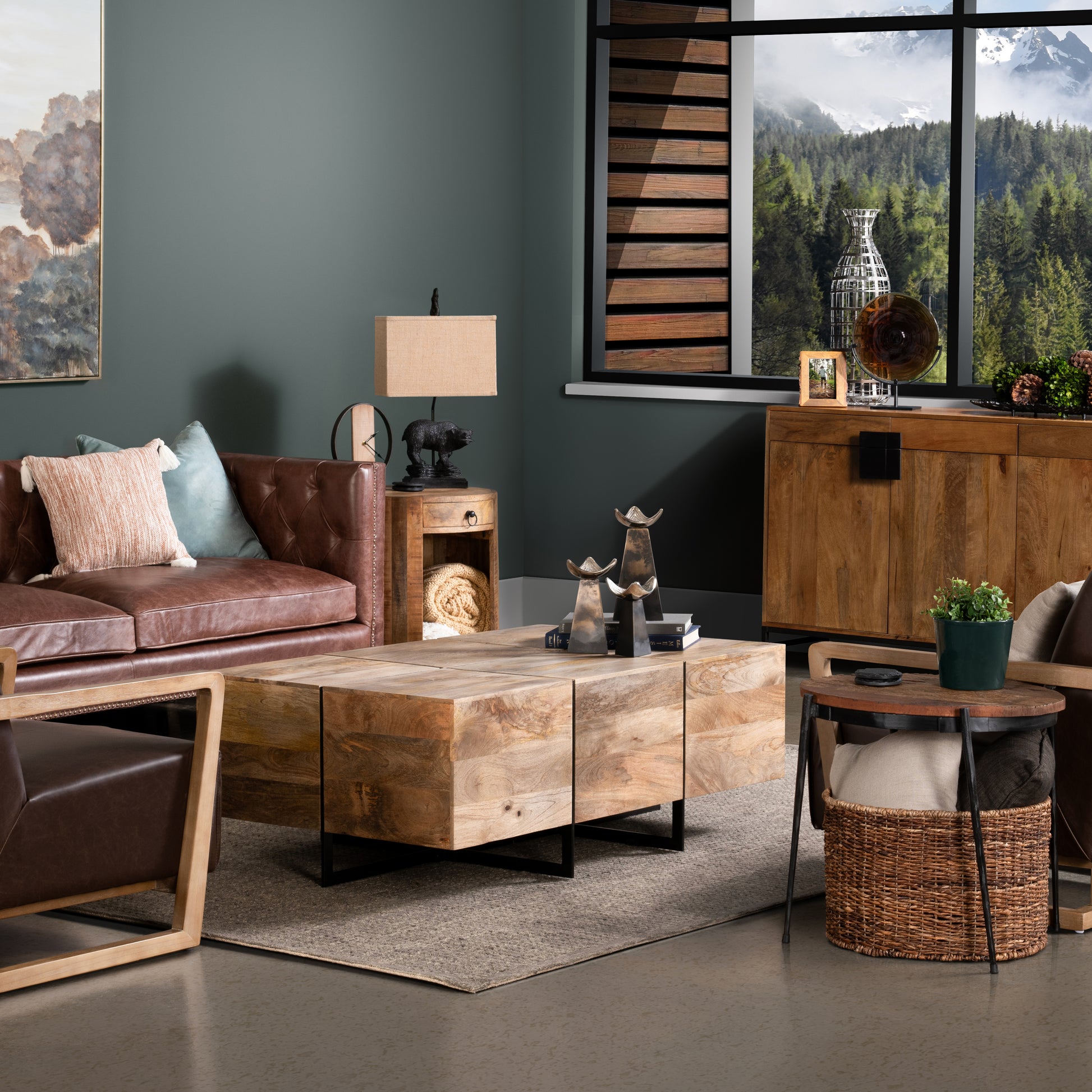 earth-toned fabric accent table in a transitional living room setting