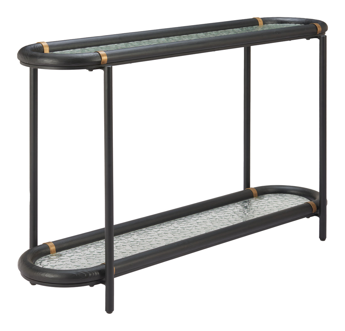 oak marble console table styled in a transitional serene master suite