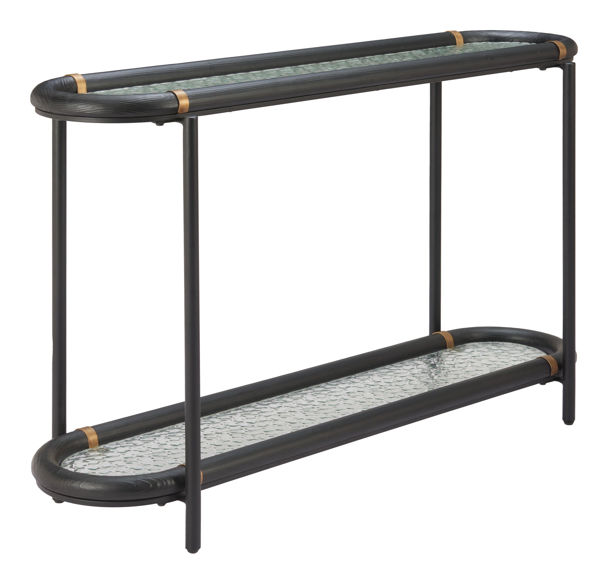 oak marble console table styled in a transitional serene master suite