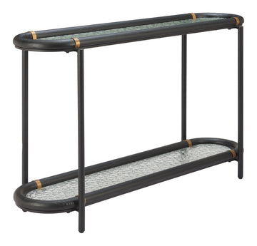 oak marble console table styled in a transitional serene master suite