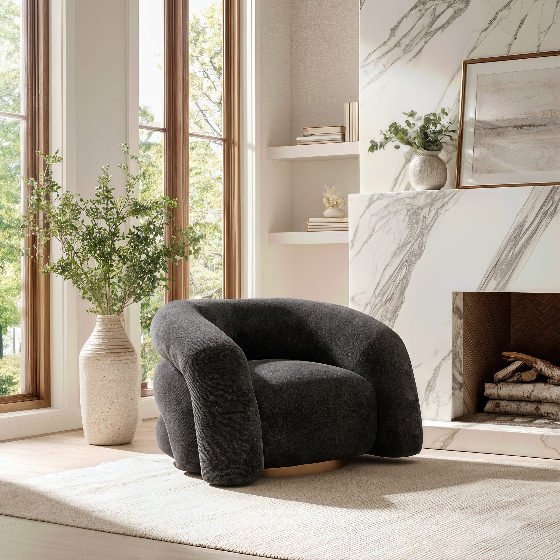 cream woven accent chair in a refined master bedroom setting