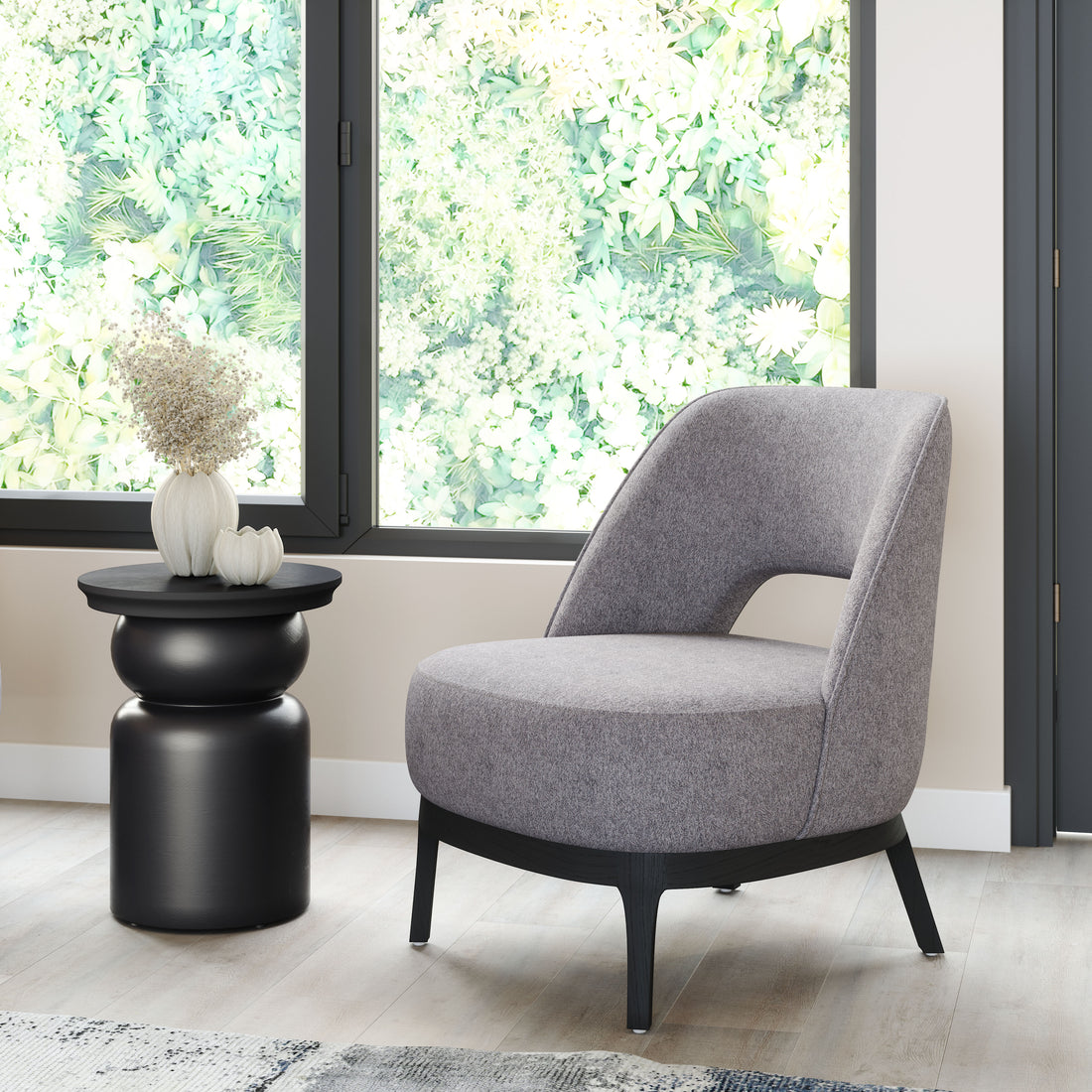 beige plush accent chair in a coastal guest room setting