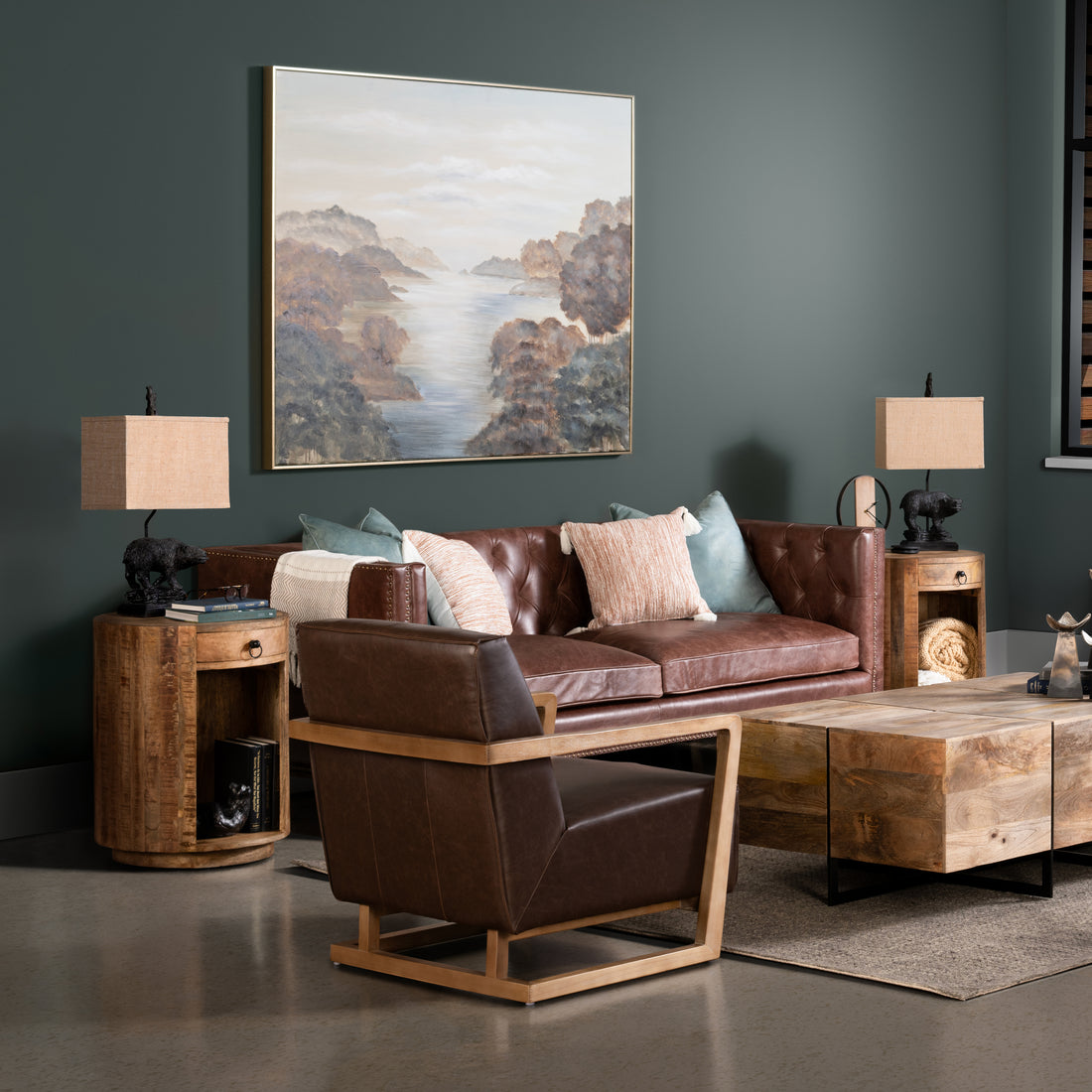 natural velvet accent table in a transitional living room setting