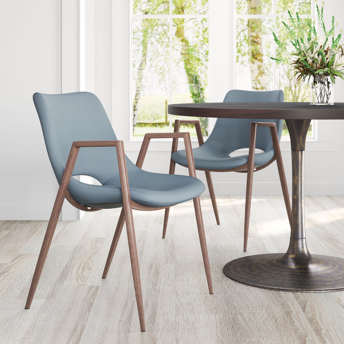 Desi Dining Chair (Set of 2) Azure Gray & Walnut styled for a transitional living room space.