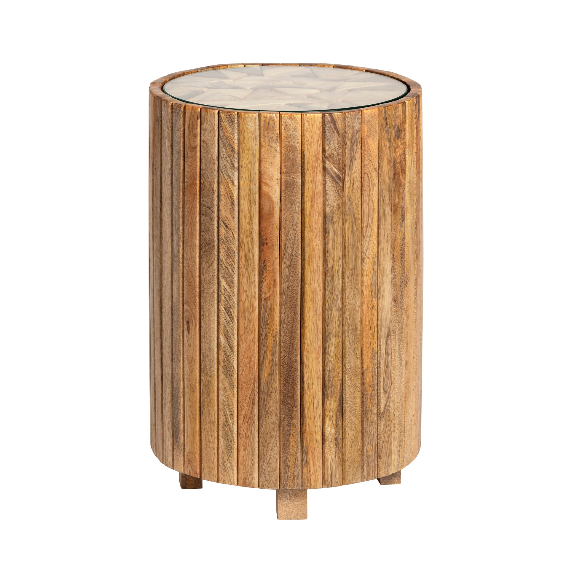 earth-toned fabric accent table in a coastal guest room setting