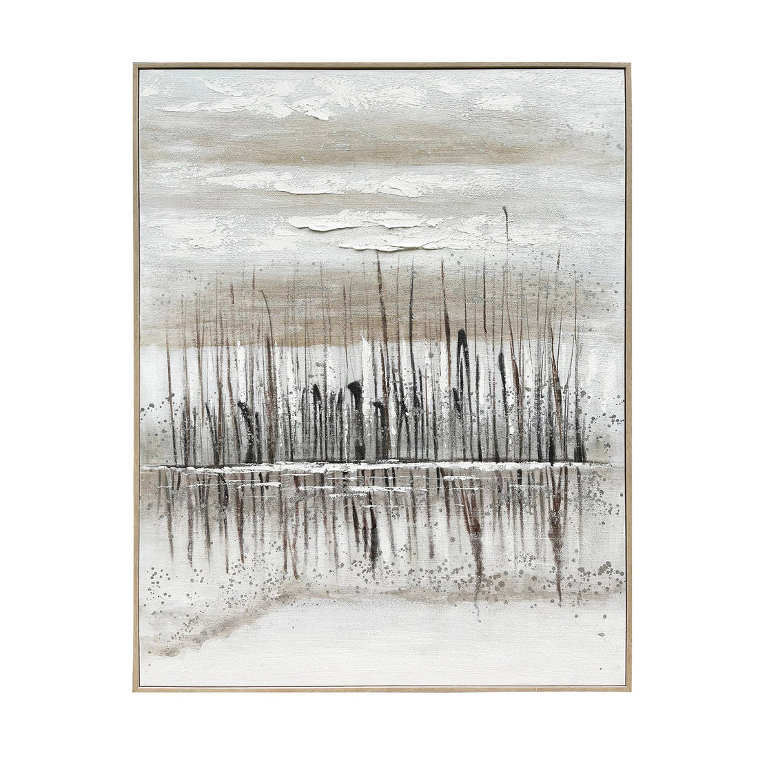 Framed Hand Painted Canvas Brown/White Landscapes Wall Art styled for a rustic living room space.